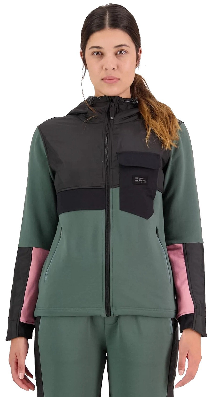 Sweatshirt Mons Royale Decade Mid Hoody Zip - Burnt Sage/Black - women´s