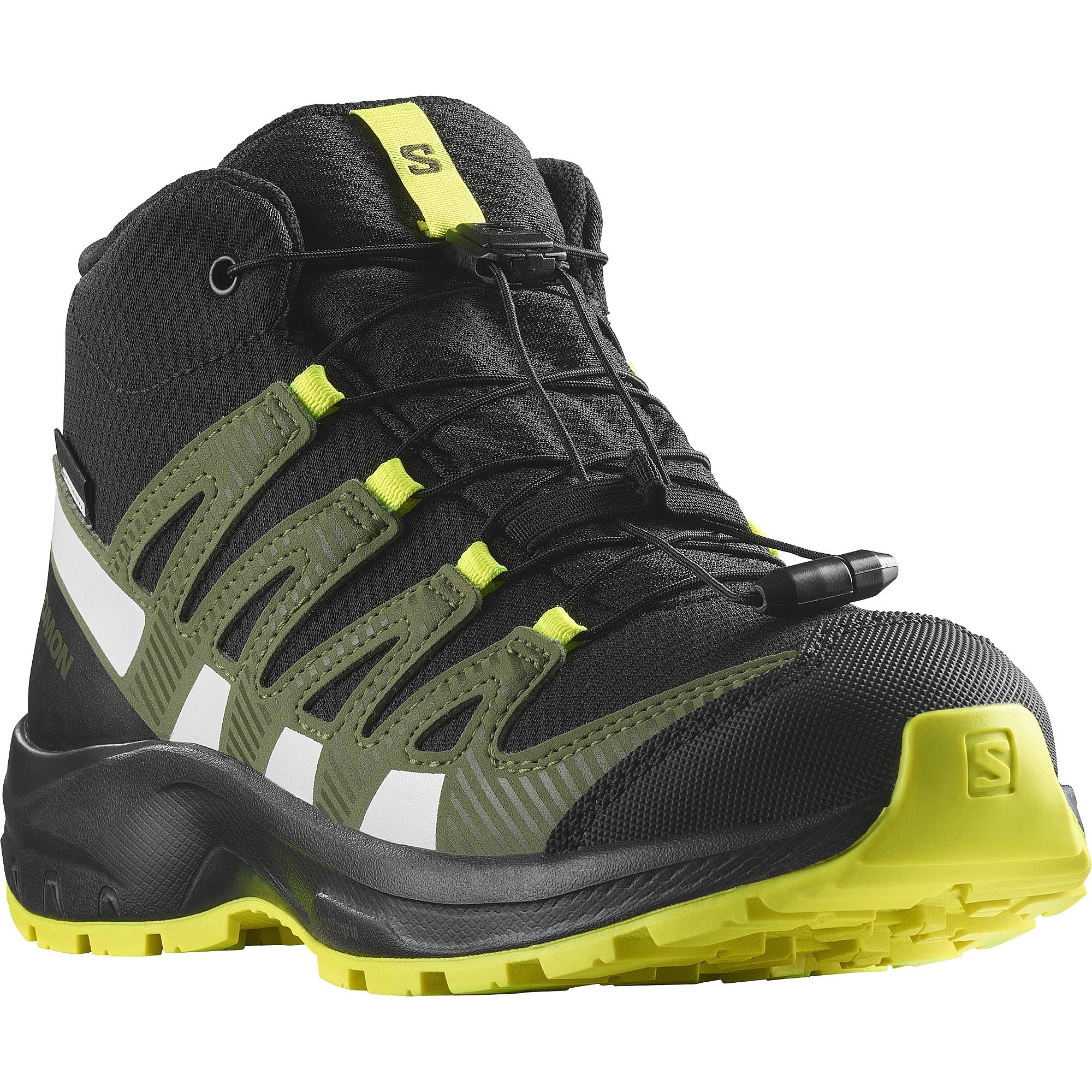 chaussures Salomon XA Pro 3D V8 Mid CSWP J - Black Deep/Lichen Green/Safety Yellow - unisex junior