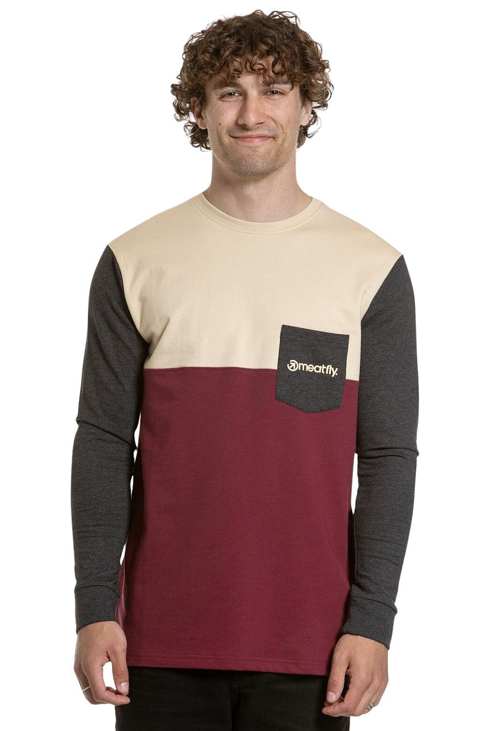 tričko Meatfly Harvey Pocket LS - Sand/Dark Wine - men´s