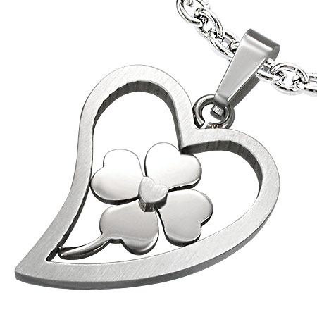 přívěsek 316L NPZ045BA - Silver Heart/Quarterfoil